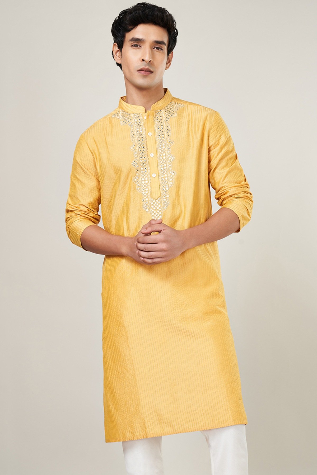 Mustard Embroidered Festive Men Regular Fit Kurta