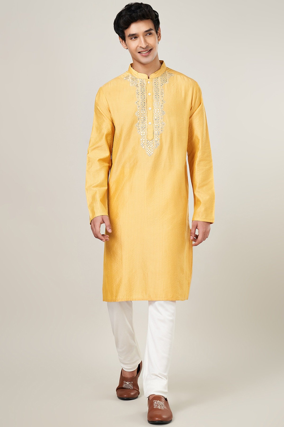 Mustard Embroidered Festive Men Regular Fit Kurta, image 3