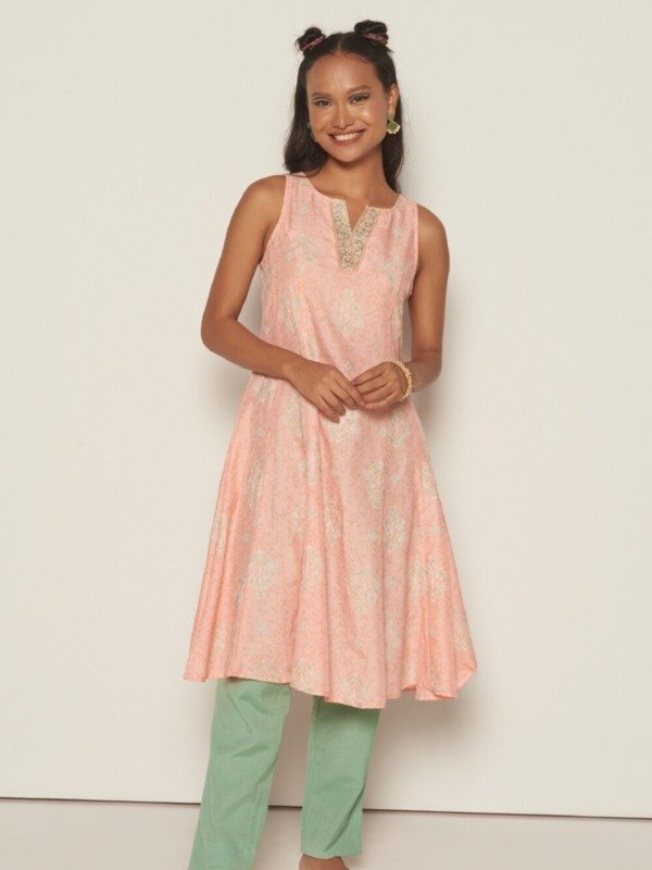 Pink Print Calf-Length Ethnic Women Regular Fit Kurta