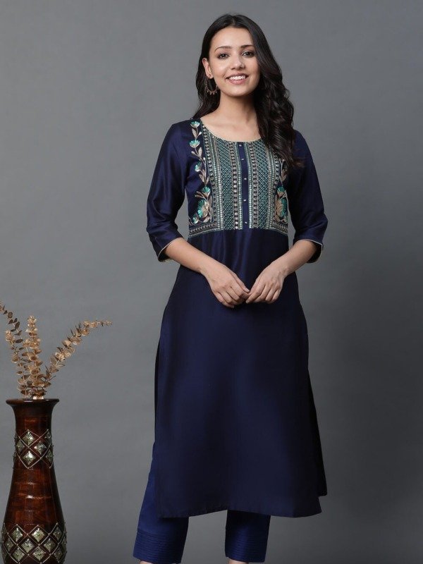 Navy Embroidered Calf-Length Ethnic Women Regular Fit Kurta