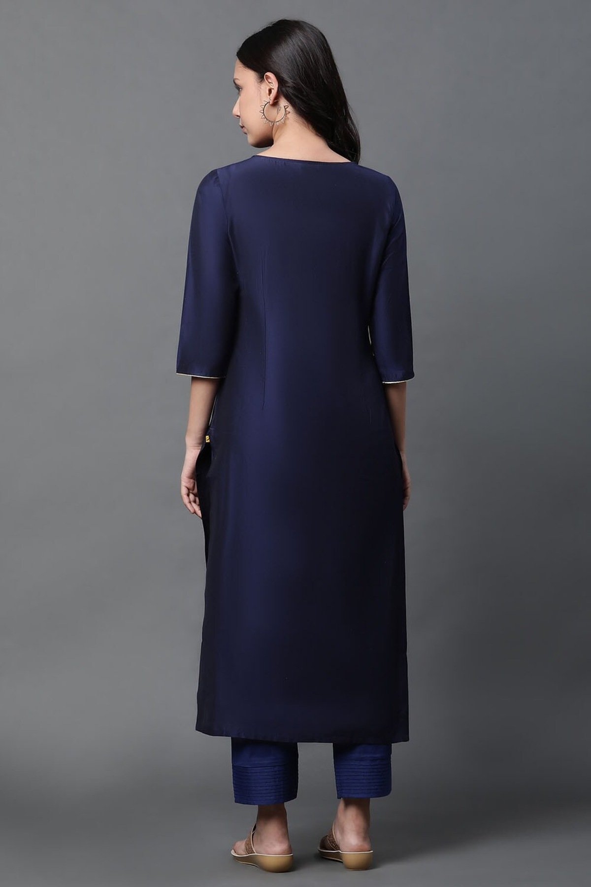 Navy Embroidered Calf-Length Ethnic Women Regular Fit Kurta, image 3