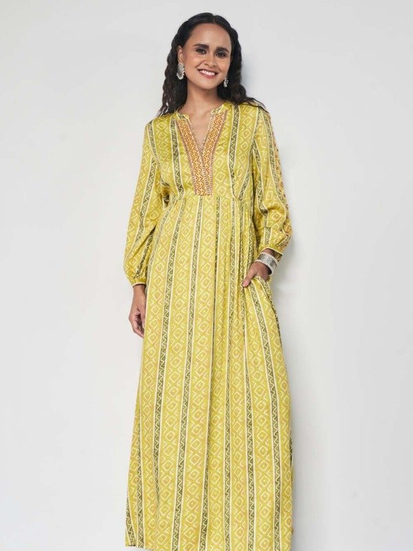 Yellow Printed V-Neck Festive Full Length Full Sleeves Women Regular Fit Ethnic Dresses