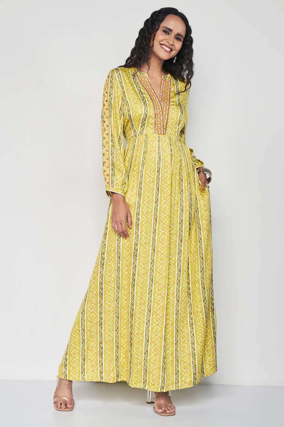 Yellow Printed V-Neck Festive Full Length Full Sleeves Women Regular Fit Ethnic Dresses, image 2