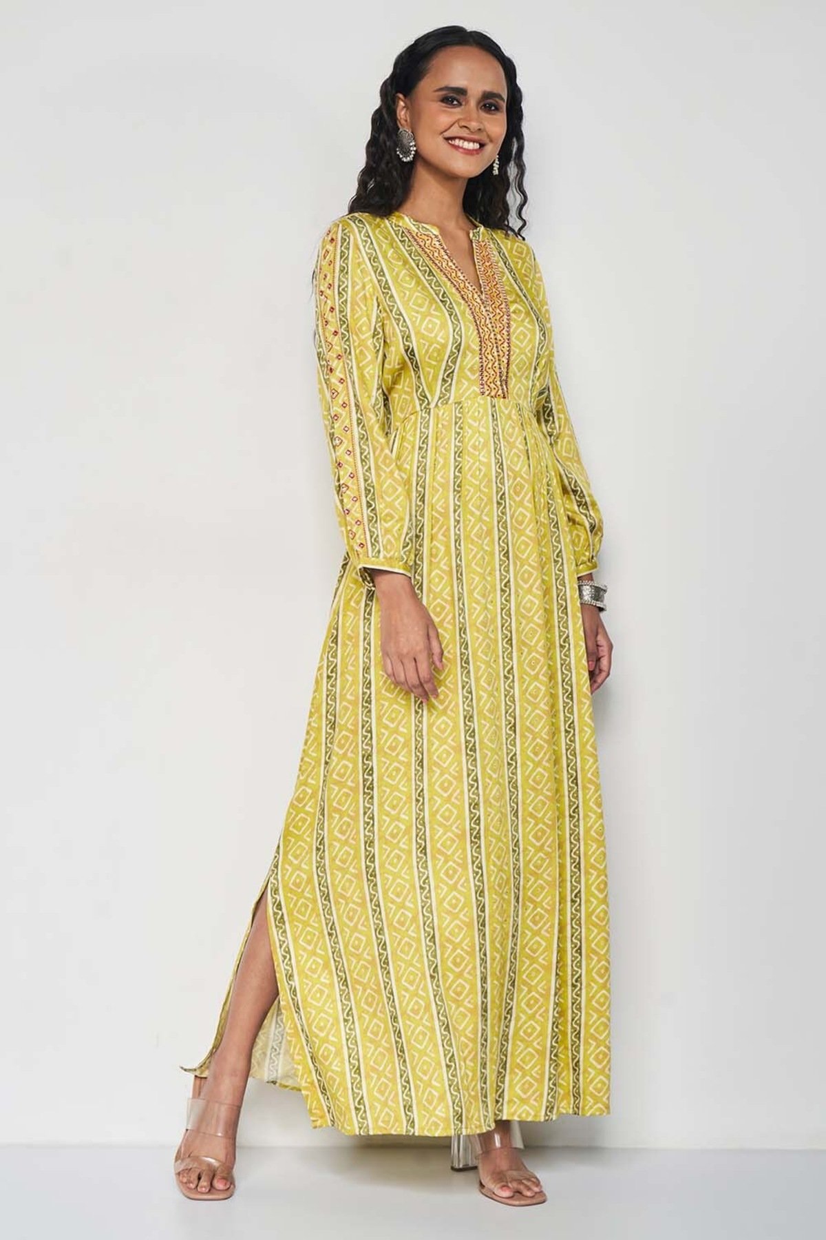 Yellow Printed V-Neck Festive Full Length Full Sleeves Women Regular Fit Ethnic Dresses, image 3