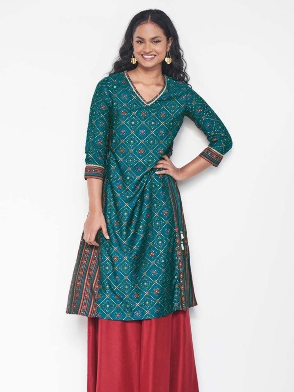 Teal Print Ethnic Women Regular Fit Kurta