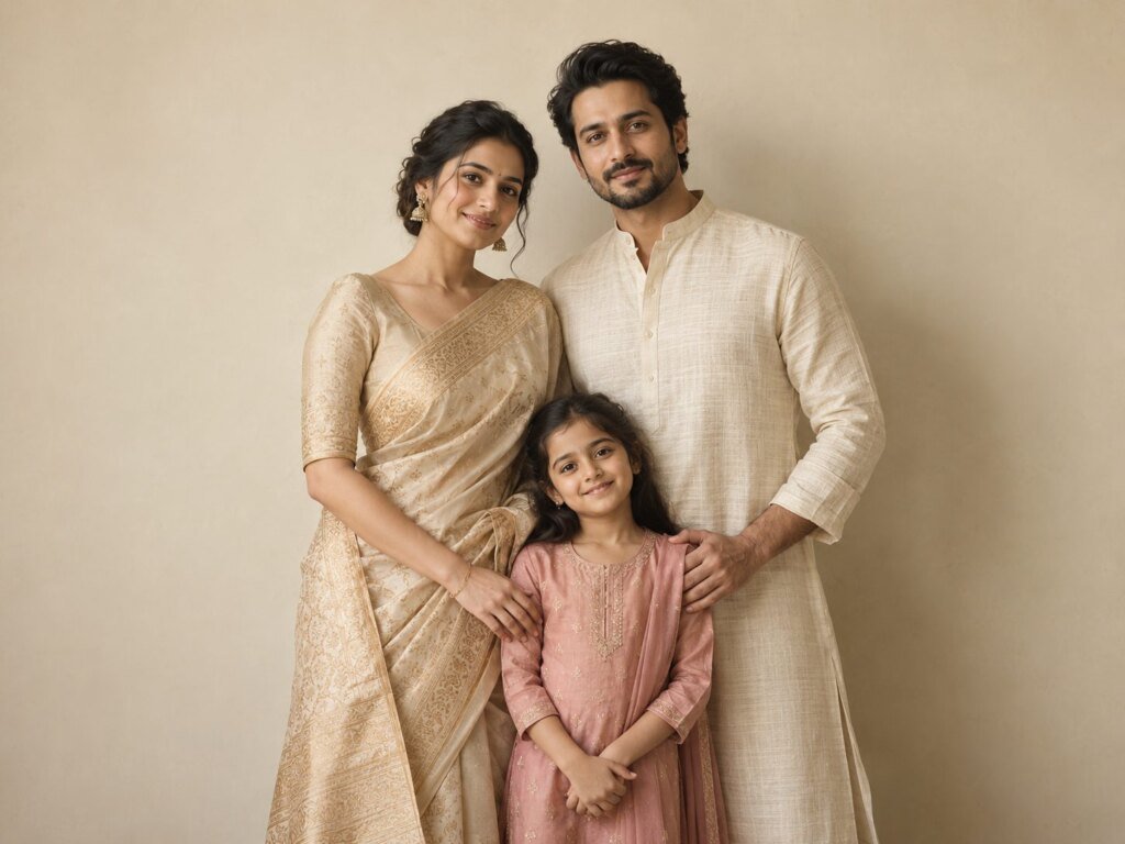 Mahira Select - a woman, a man and a child in ivory and rose Indian wear